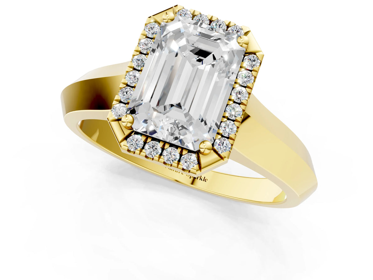 Yellow gold Emerald Cut Halo Diamond Ring with Cathedral Band and Four-Prong Setting_1