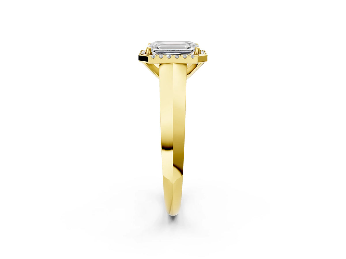 Yellow gold Emerald Cut Halo Diamond Ring with Cathedral Band and Four-Prong Setting_2