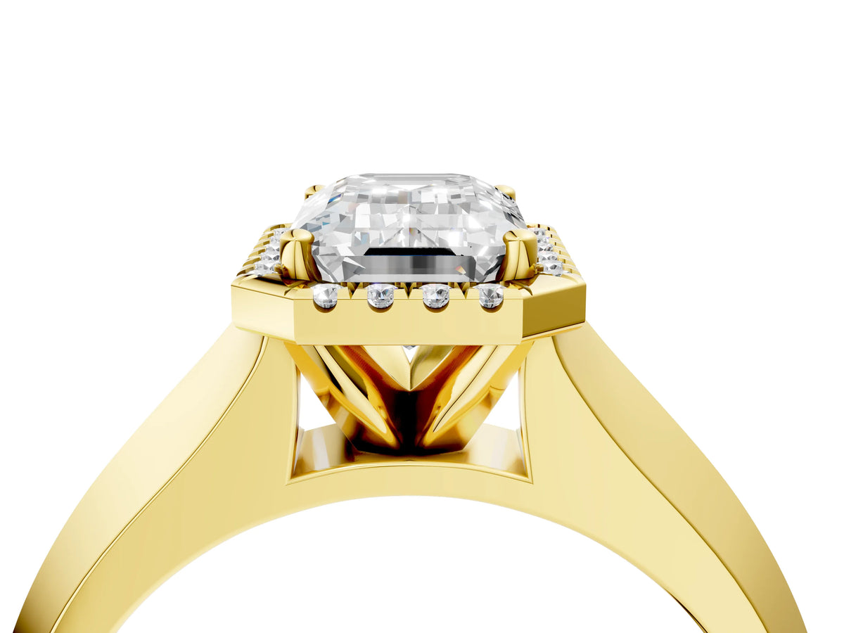 Yellow gold Emerald Cut Halo Diamond Ring with Cathedral Band and Four-Prong Setting_4