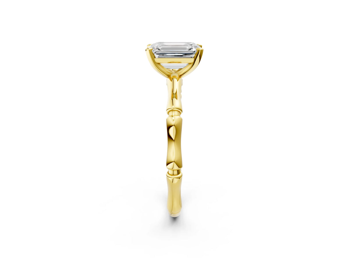 Yellow gold Emerald Cut Solitaire Diamond Ring with Bamboo Band and Four-Prong Setting_2