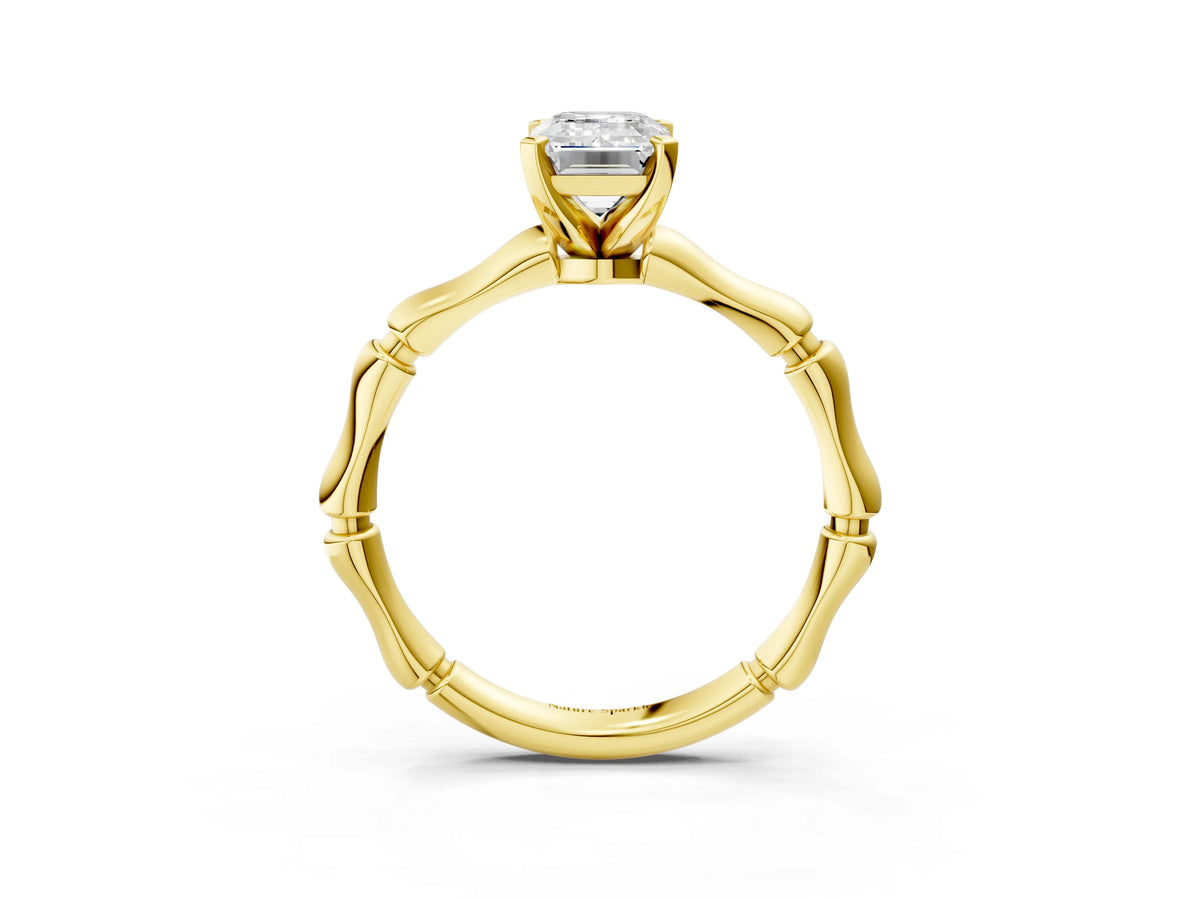 Yellow gold Emerald Cut Solitaire Diamond Ring with Bamboo Band and Four-Prong Setting_3