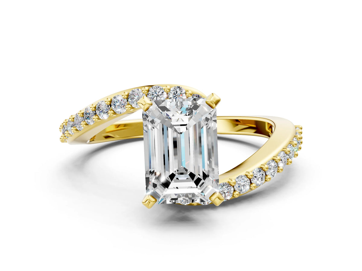 Yellow gold Emerald Cut Solitaire Twist Band with Pave Set Diamonds and Four-Prong Setting