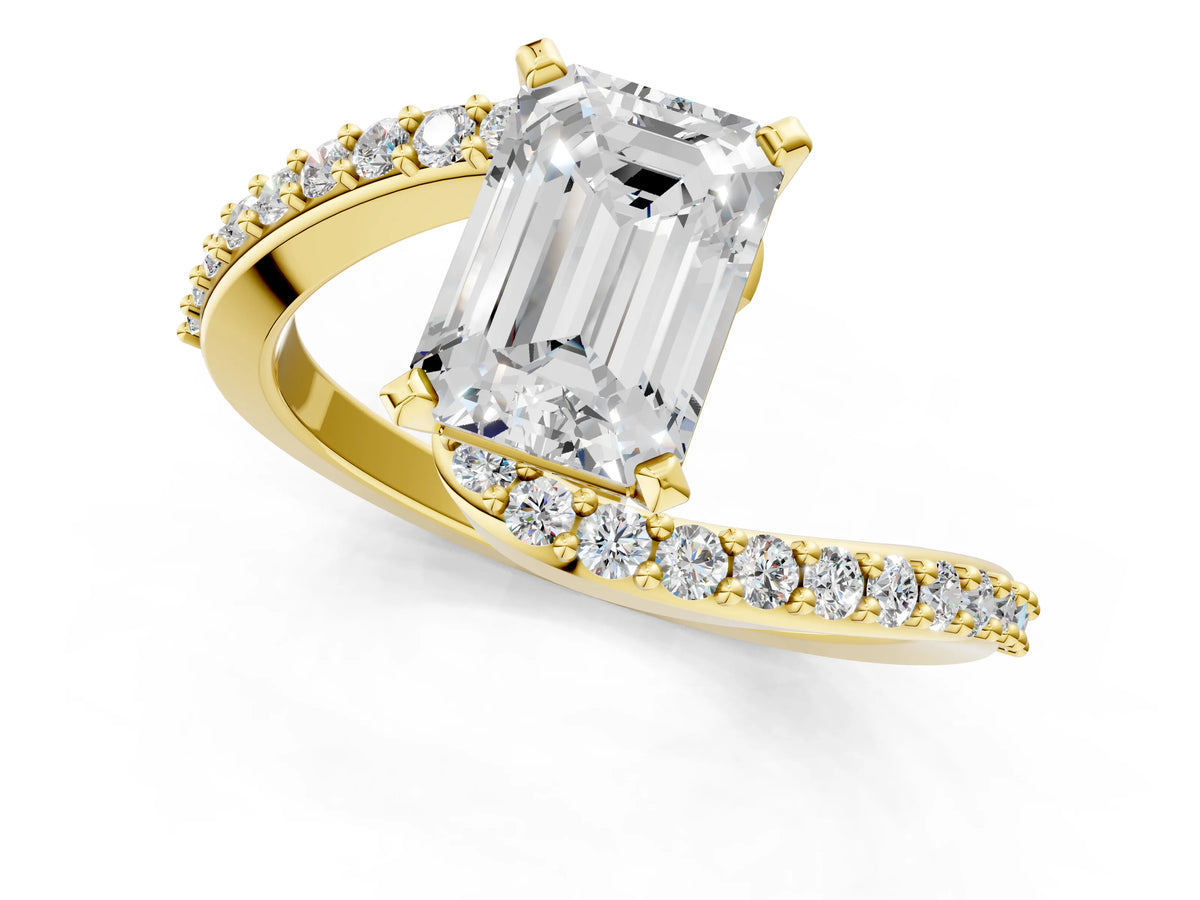 Yellow gold Emerald Cut Solitaire Twist Band with Pave Set Diamonds and Four-Prong Setting_1