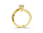 Yellow gold Emerald Cut Solitaire Twist Band with Pave Set Diamonds and Four-Prong Setting_3