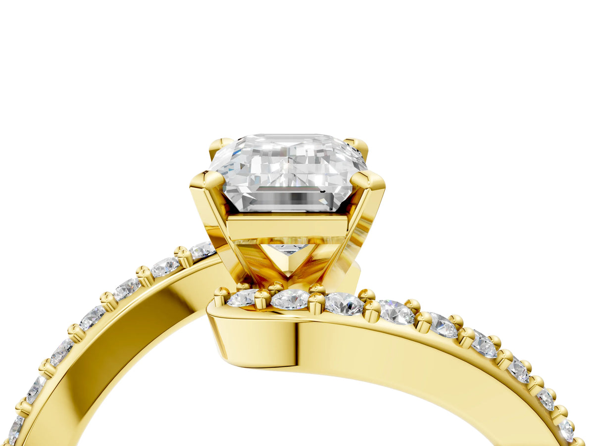 Yellow gold Emerald Cut Solitaire Twist Band with Pave Set Diamonds and Four-Prong Setting_4