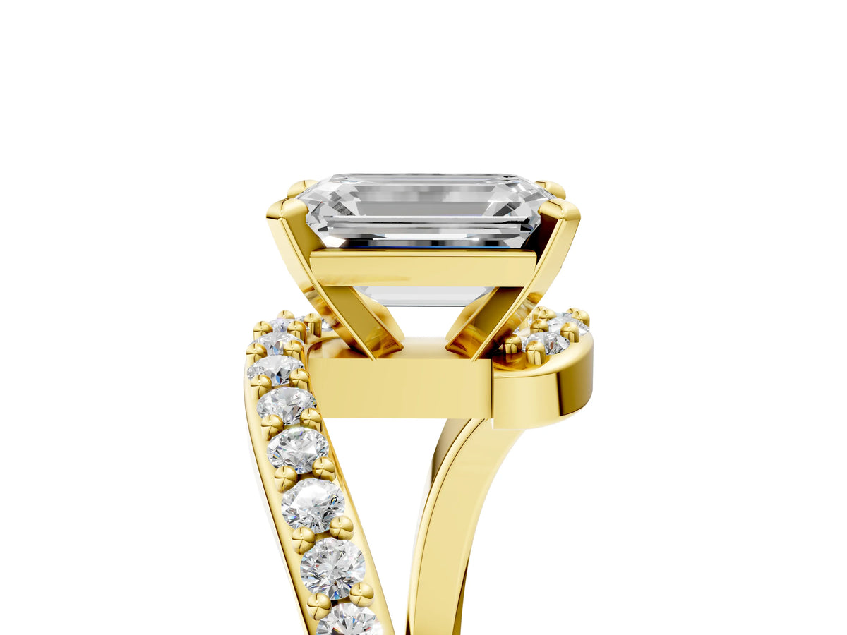 Yellow gold Emerald Cut Solitaire Twist Band with Pave Set Diamonds and Four-Prong Setting_5