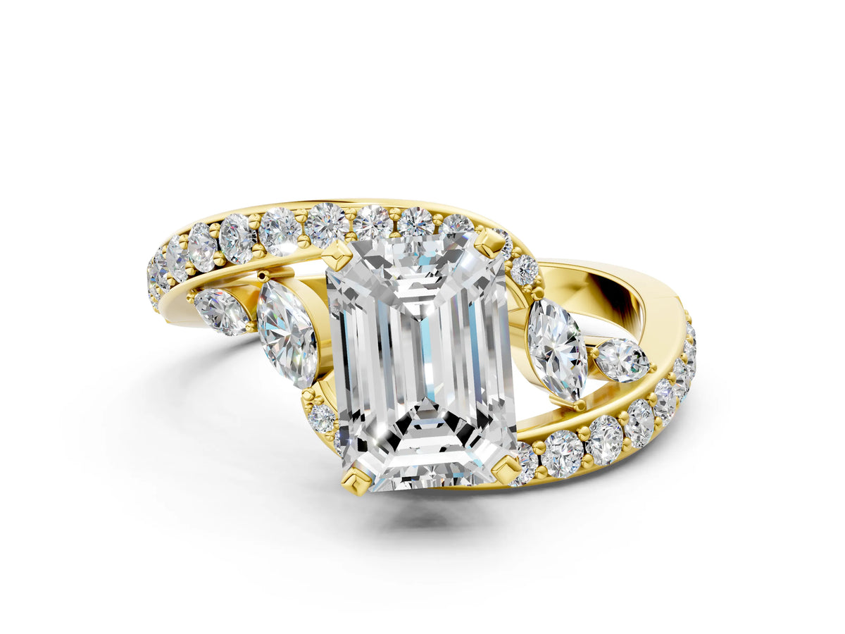 Yellow gold Emerald Cut Solitaire with Pavé Twist Band and Four-Prong Setting