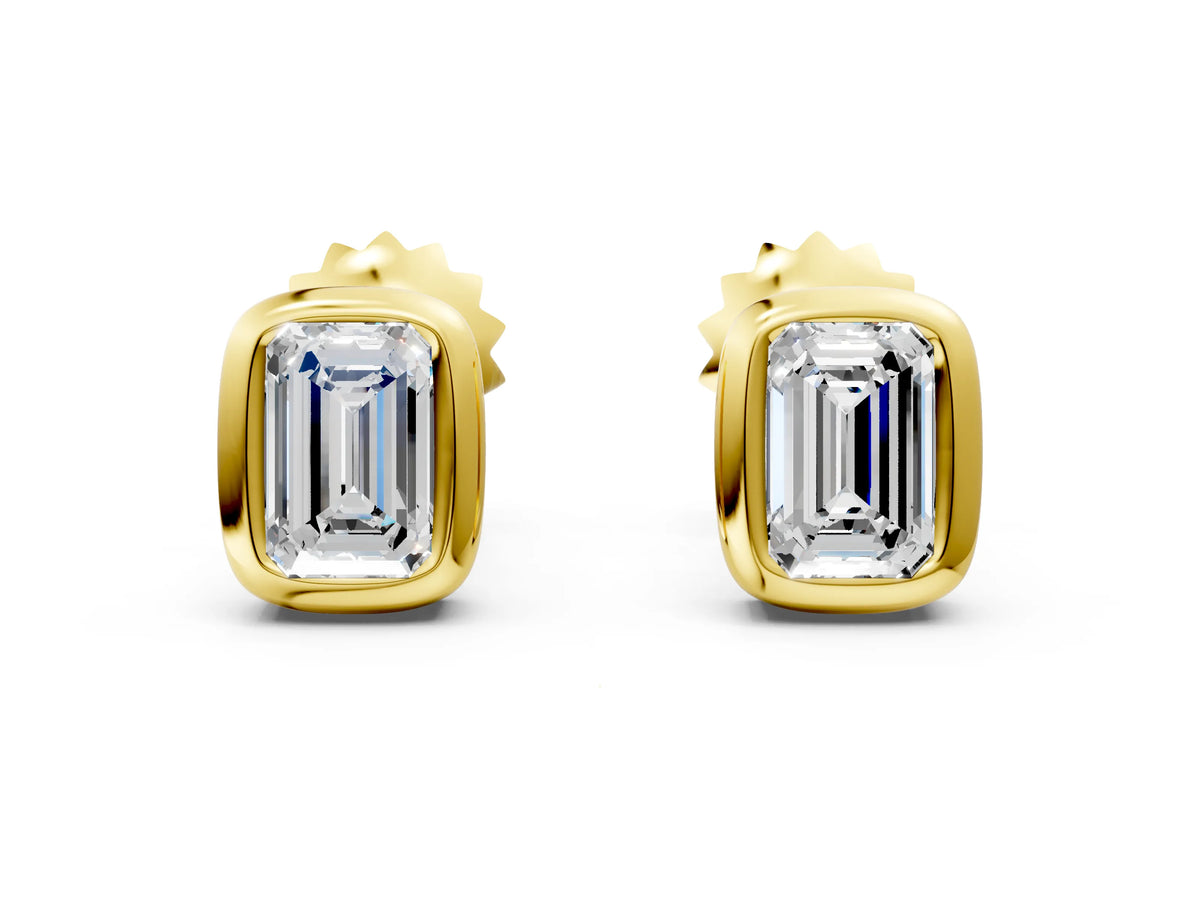 Yellow gold Emerald Diamond Bezel-Set Stud Earrings