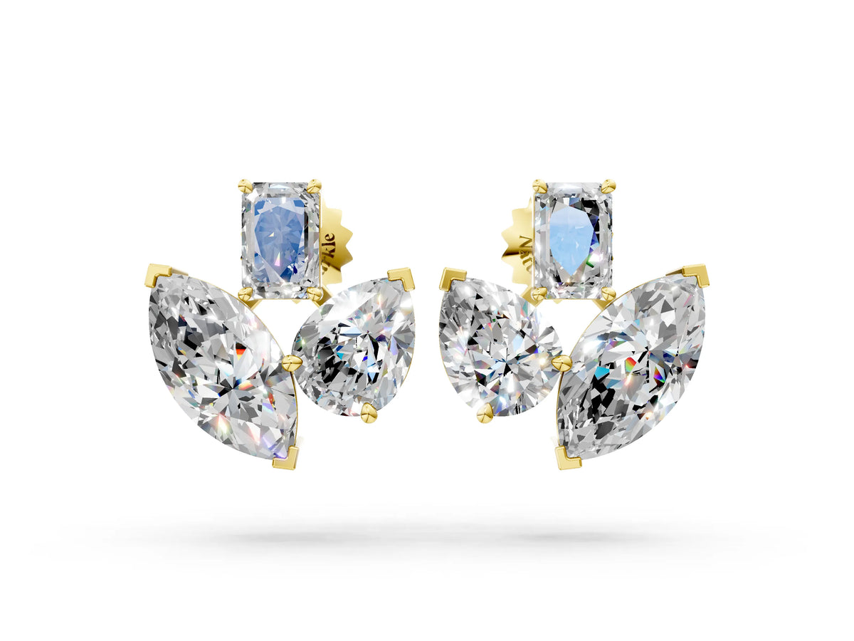 Yellow gold Emerald, Marquise and Pear Diamond Mosaic Three Stone Fan Earrings