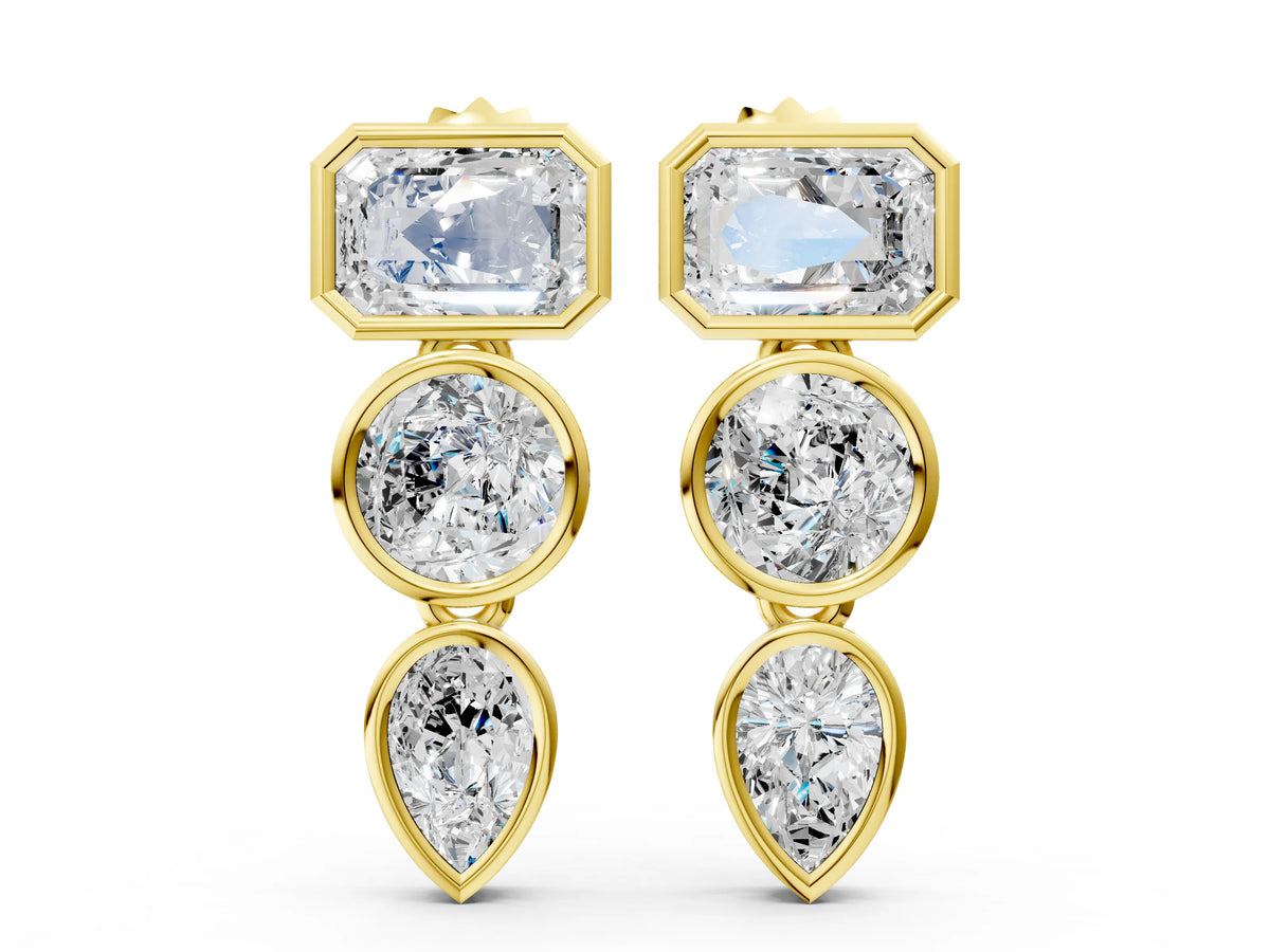 Yellow gold Emerald, Round and Pear Diamond Bezel Drop Earrings