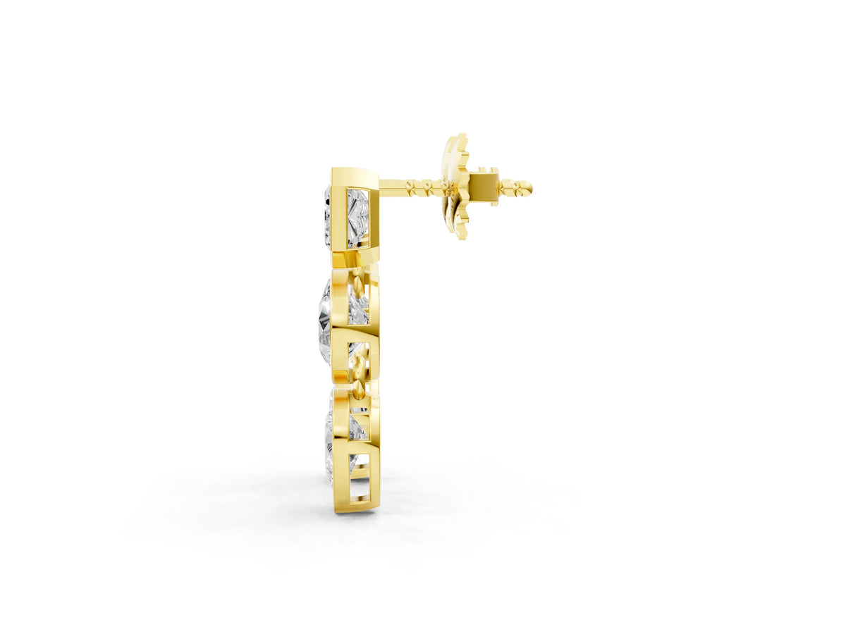 Yellow gold Emerald, Round and Pear Diamond Bezel Drop Earrings_1