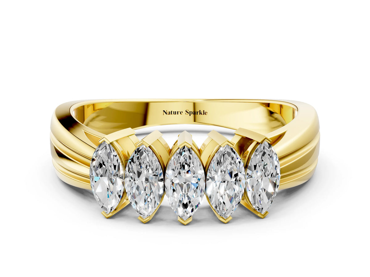 Yellow gold Five-Stone Marquise Diamond Split Shank Ring with Shared Prong Setting