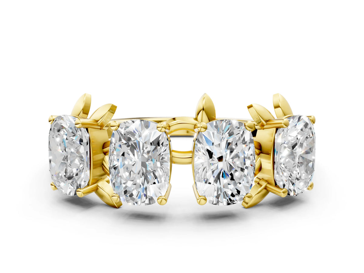 Yellow gold Four-Stone Elongated Cushion Diamond Band with Nature-Inspired Prong Setting