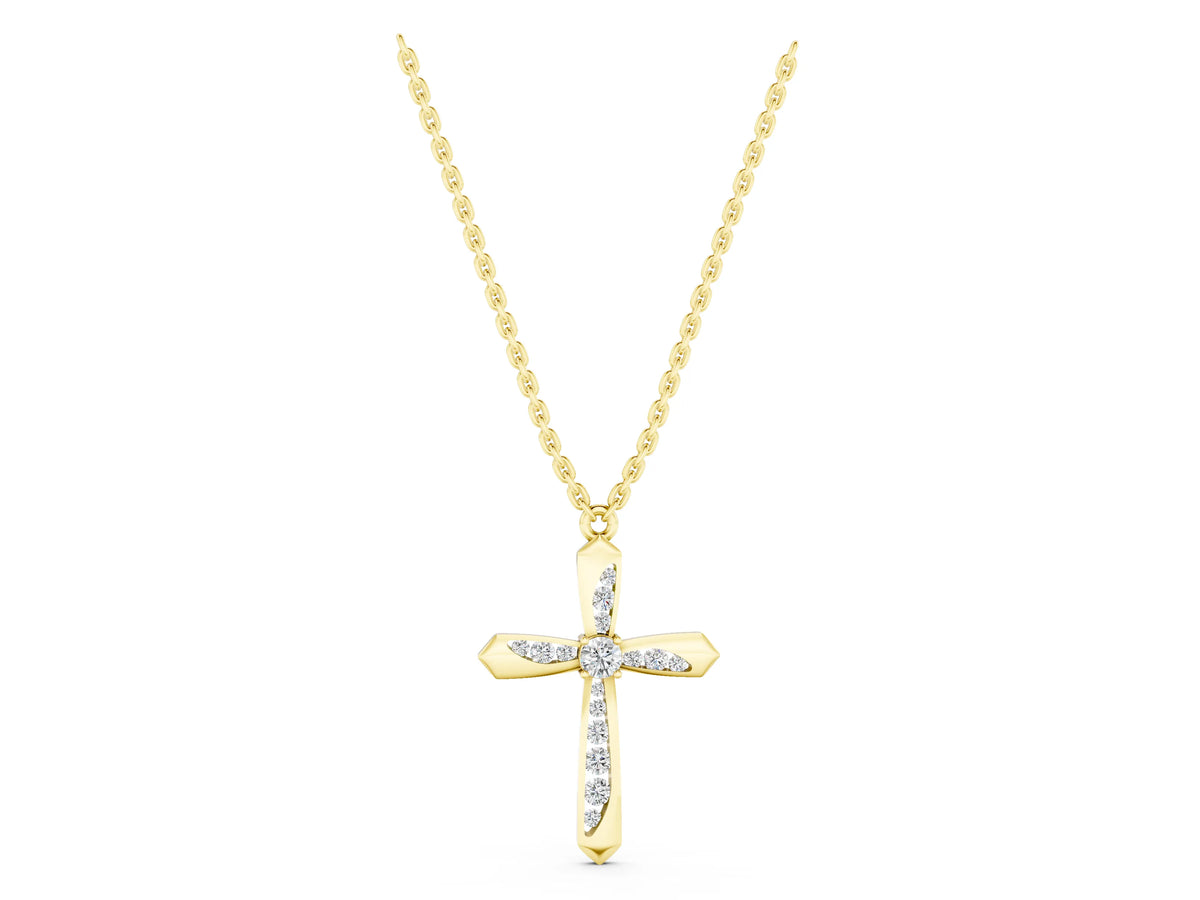 Yellow gold Gold Cross Pendant with Round Cut Stones and Prong Setting_1