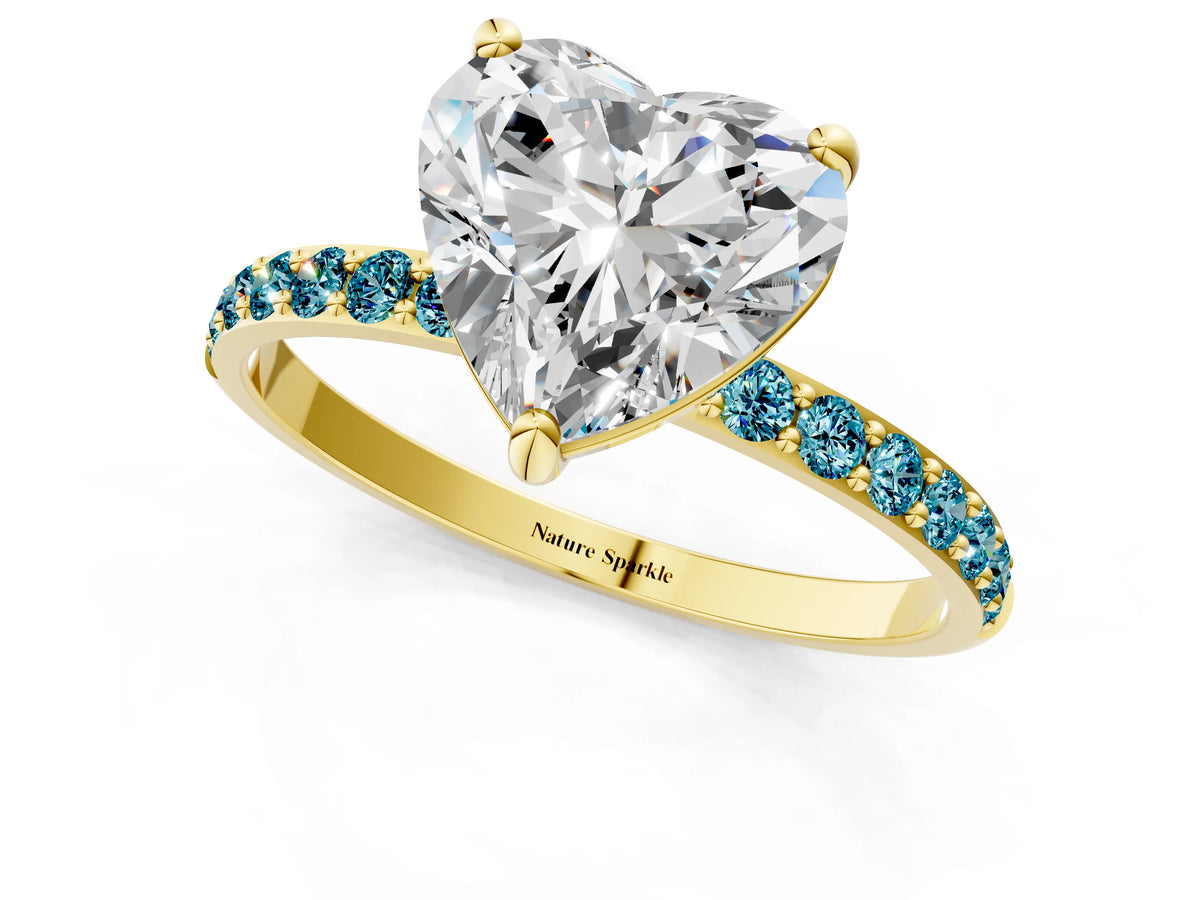 Yellow gold Heart Cut Diamond Solitaire Ring with Round Blue Topaz Pavé Band and Prong Setting_1