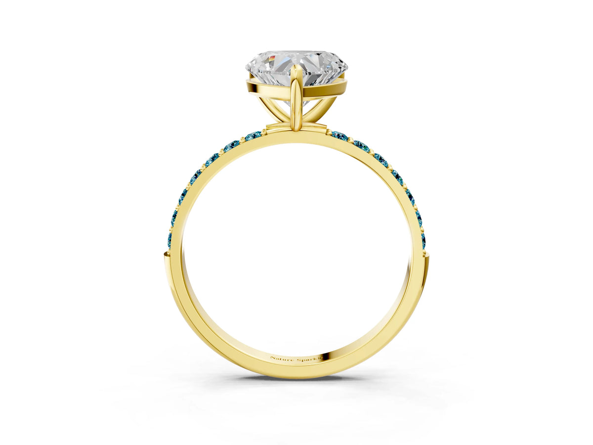 Yellow gold Heart Cut Diamond Solitaire Ring with Round Blue Topaz Pavé Band and Prong Setting_3