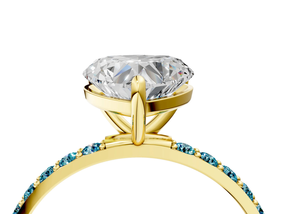 Yellow gold Heart Cut Diamond Solitaire Ring with Round Blue Topaz Pavé Band and Prong Setting_4