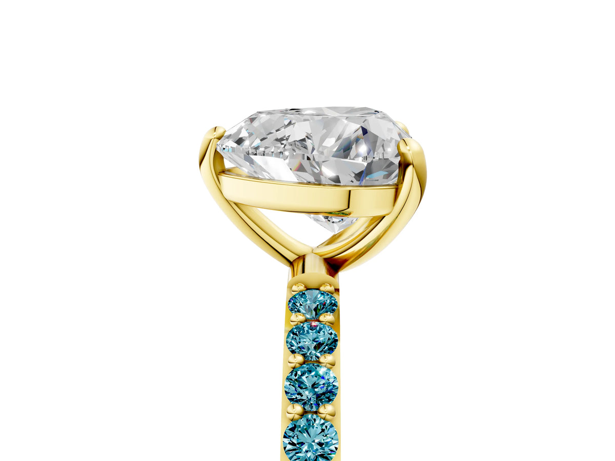 Yellow gold Heart Cut Diamond Solitaire Ring with Round Blue Topaz Pavé Band and Prong Setting_5