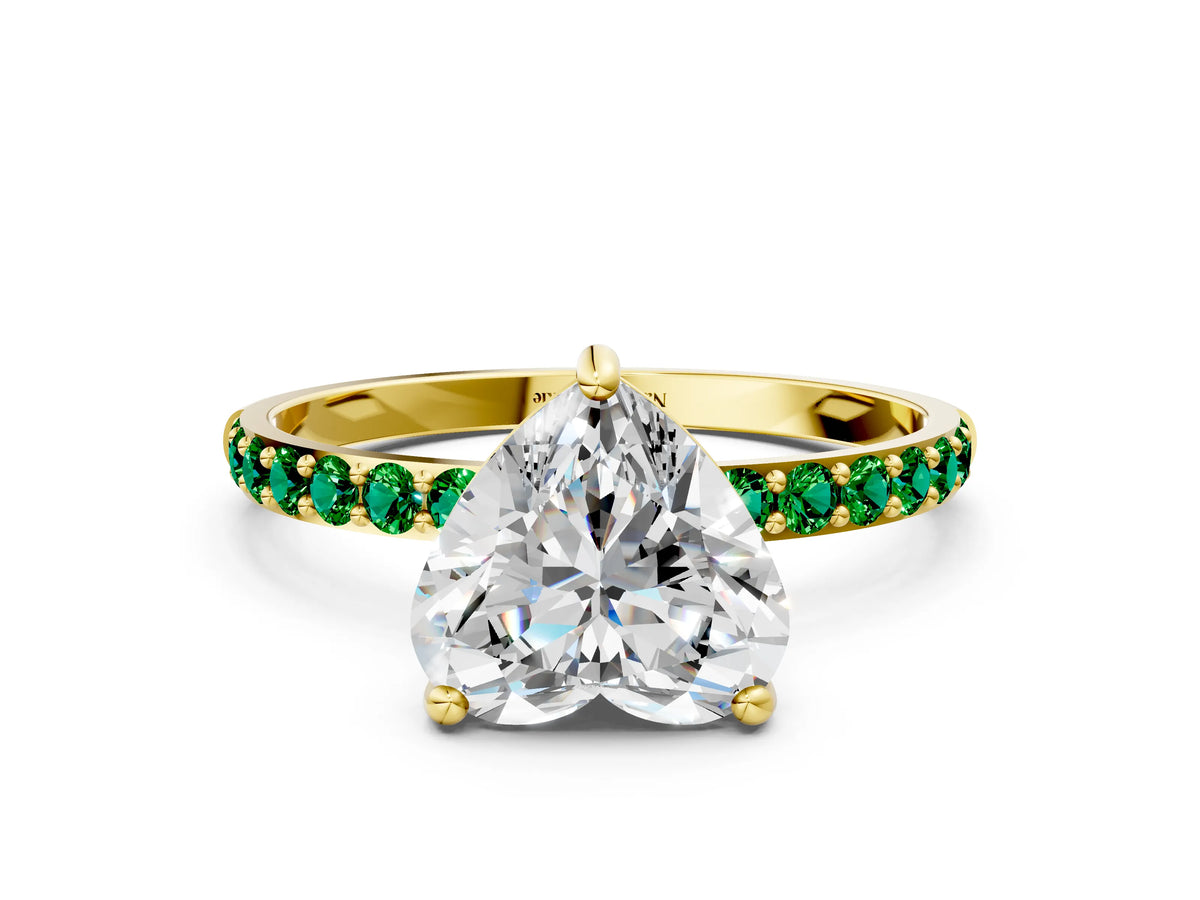 Yellow gold Heart Cut Diamond Solitaire Ring with Round Emerald Pavé Band and Prong Setting