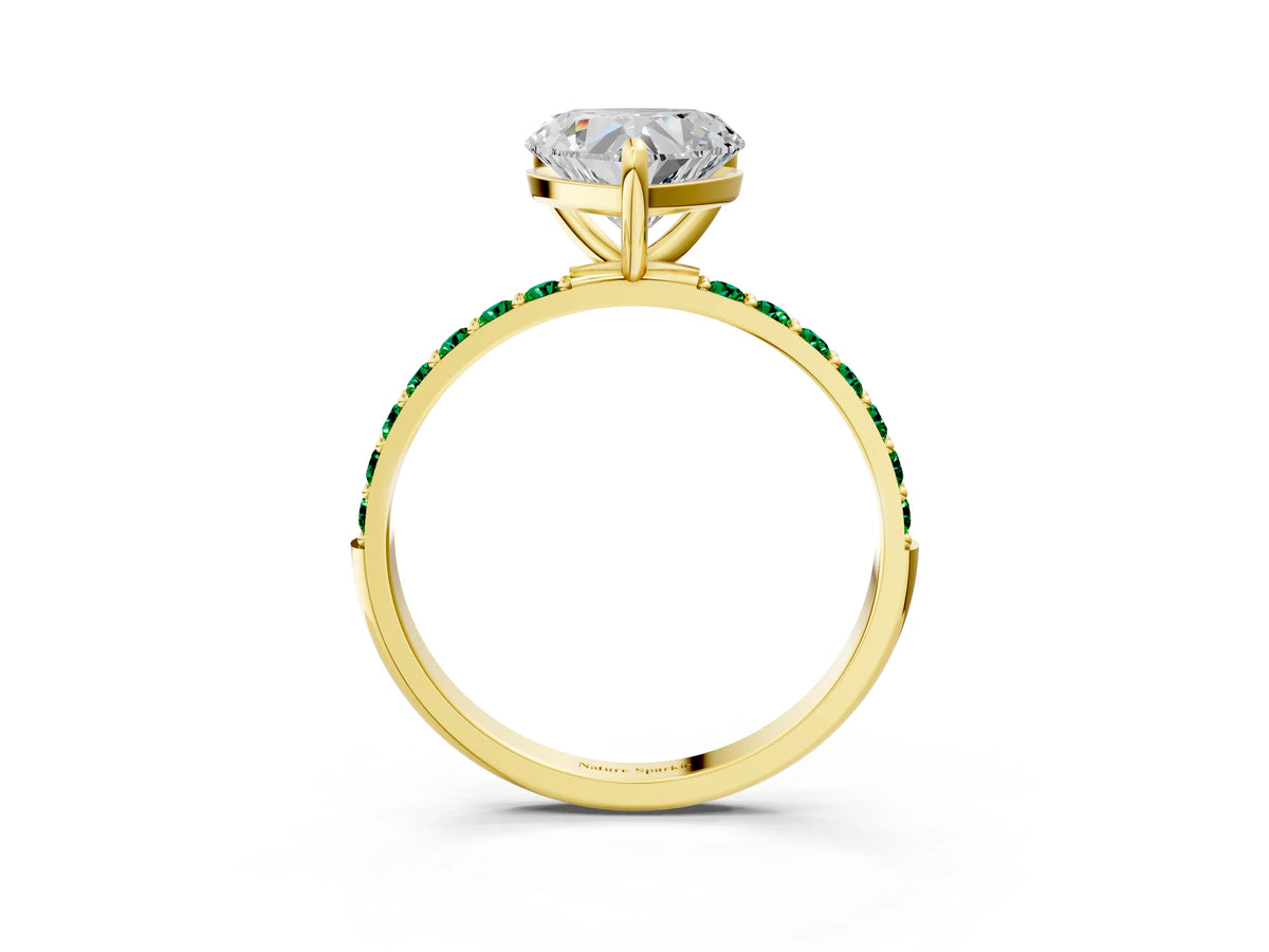 Yellow gold Heart Cut Diamond Solitaire Ring with Round Emerald Pavé Band and Prong Setting_3