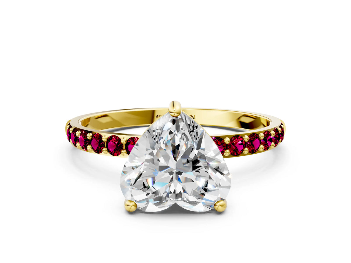 Yellow gold Heart Cut Diamond Solitaire Ring with Round Garnet Pavé Band and Prong Setting