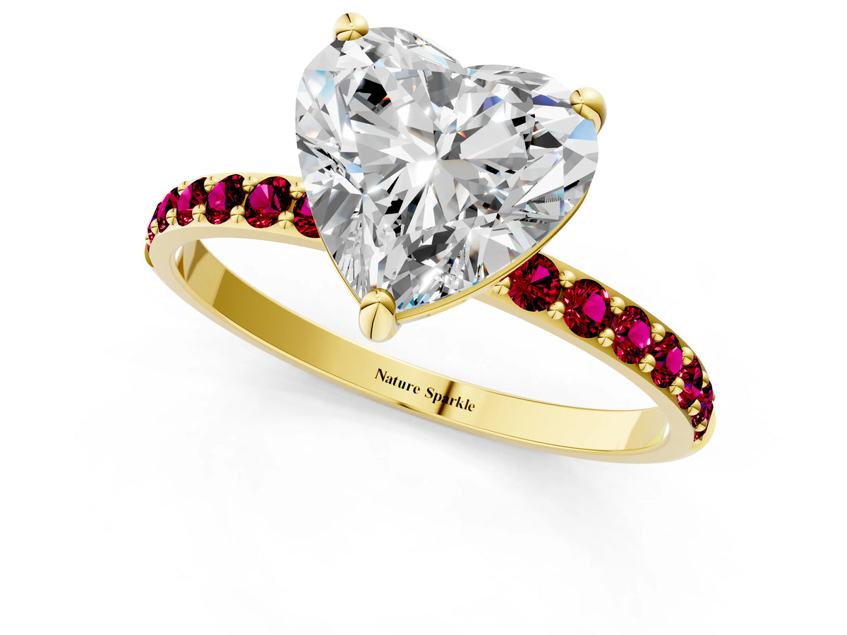 Yellow gold Heart Cut Diamond Solitaire Ring with Round Garnet Pavé Band and Prong Setting_1