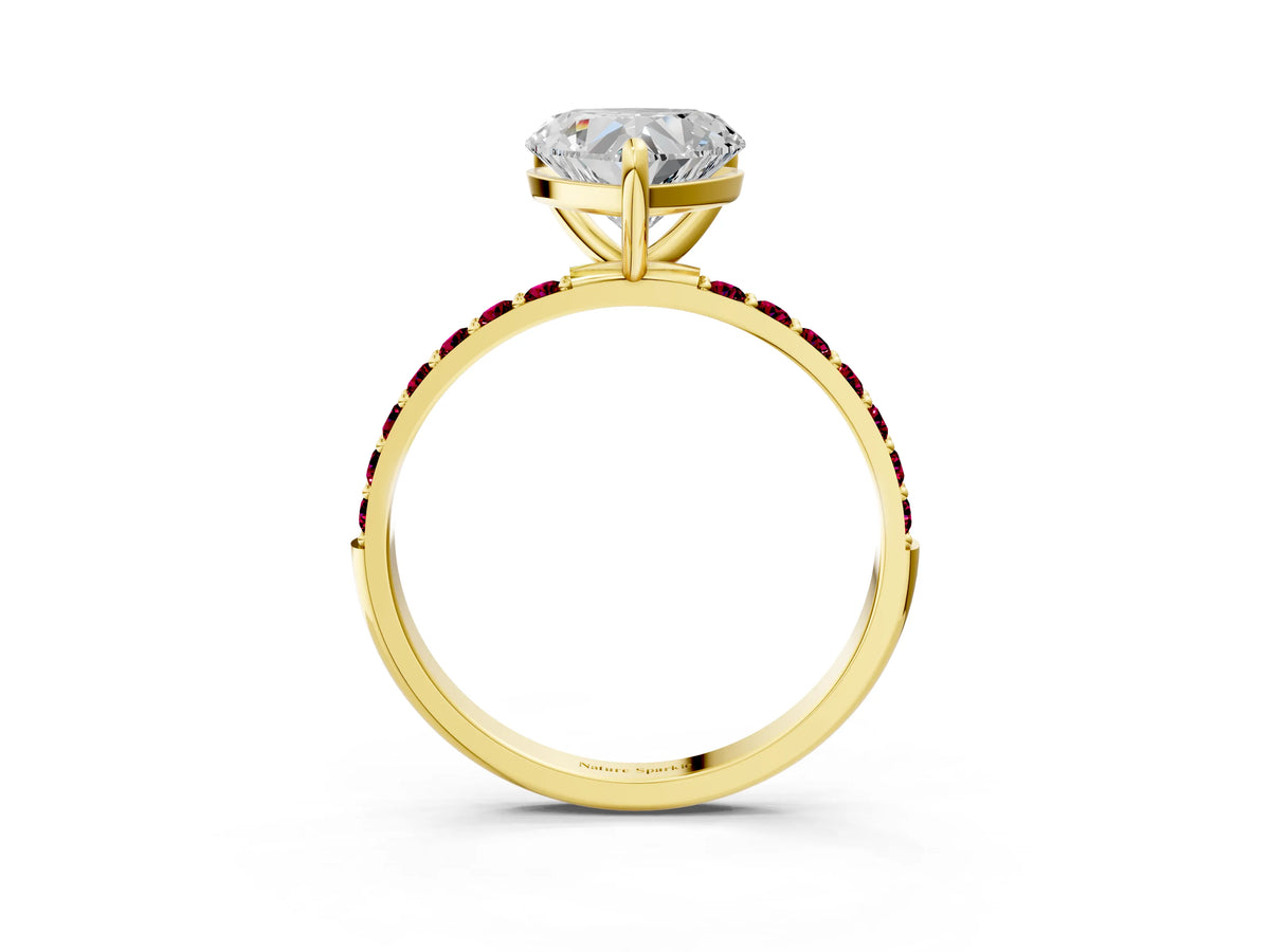 Yellow gold Heart Cut Diamond Solitaire Ring with Round Garnet Pavé Band and Prong Setting_3