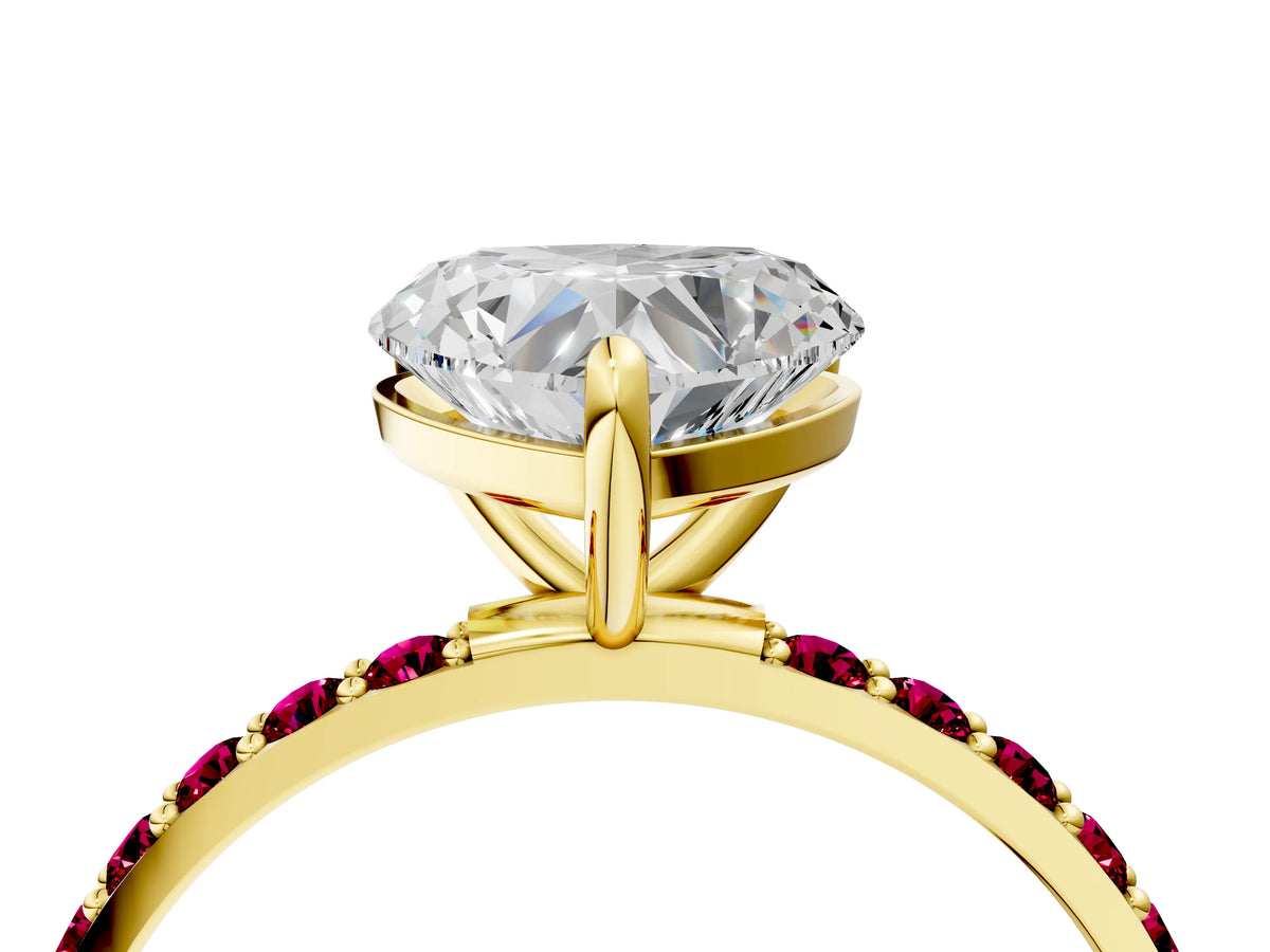 Yellow gold Heart Cut Diamond Solitaire Ring with Round Garnet Pavé Band and Prong Setting_4