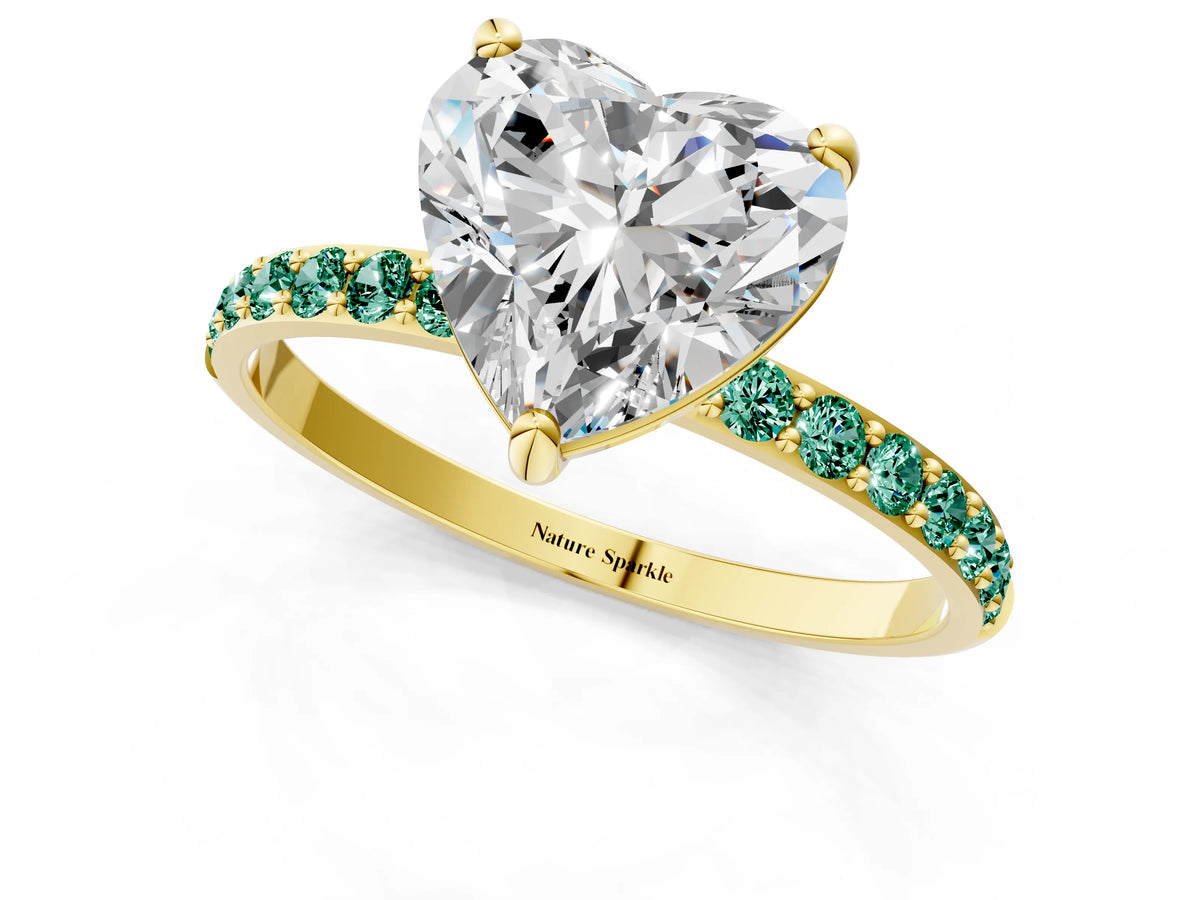 Yellow gold Heart Cut Diamond Solitaire Ring with Round Green Sapphire Pavé Band and Prong Setting_1