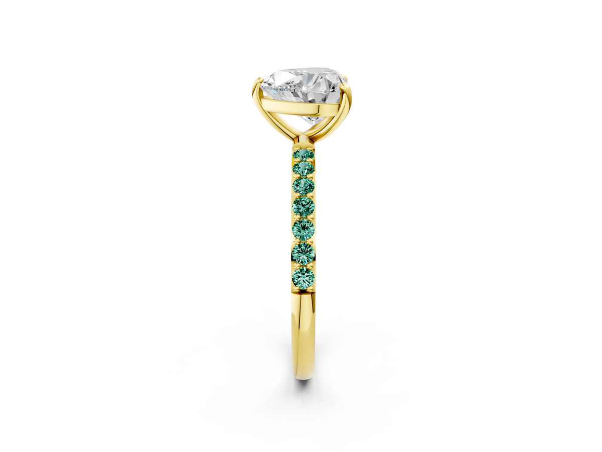 Yellow gold Heart Cut Diamond Solitaire Ring with Round Green Sapphire Pavé Band and Prong Setting_2