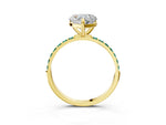 Yellow gold Heart Cut Diamond Solitaire Ring with Round Green Sapphire Pavé Band and Prong Setting_3