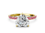 Yellow gold Heart Cut Diamond Solitaire Ring with Round Pink Sapphire Pavé Band and Prong Setting
