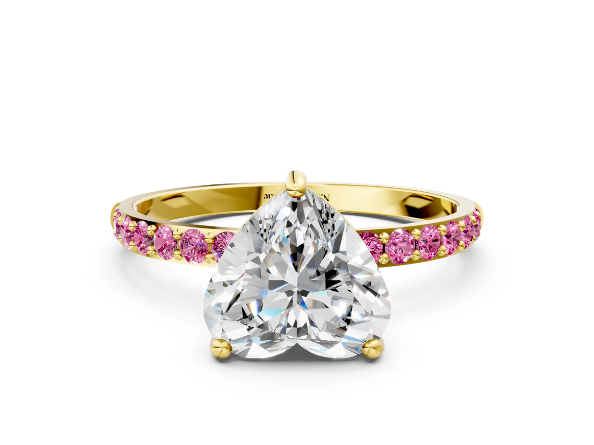 Yellow gold Heart Cut Diamond Solitaire Ring with Round Pink Sapphire Pavé Band and Prong Setting
