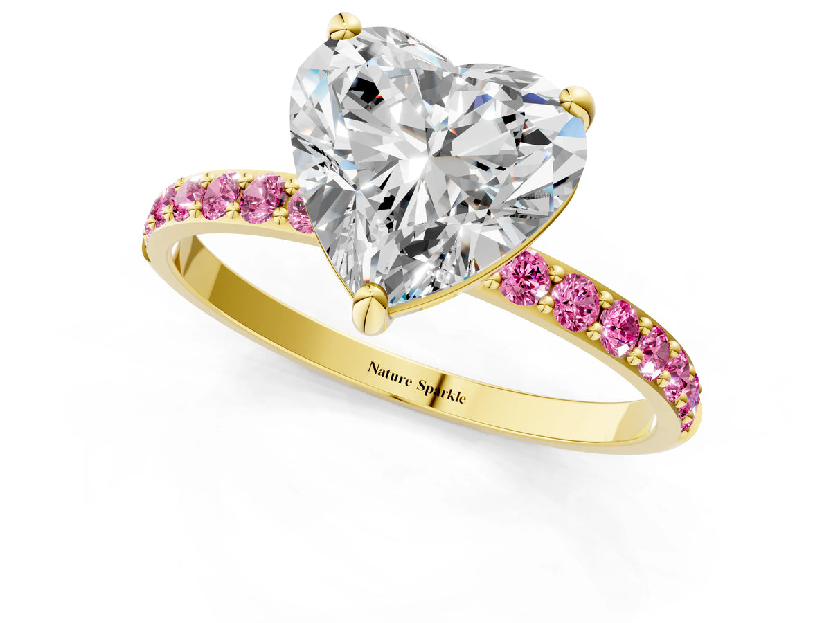 Yellow gold Heart Cut Diamond Solitaire Ring with Round Pink Sapphire Pavé Band and Prong Setting_1