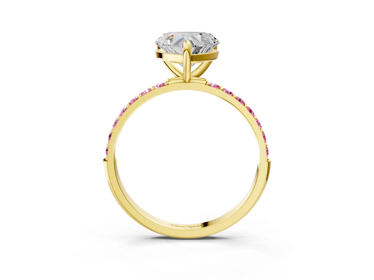 Yellow gold Heart Cut Diamond Solitaire Ring with Round Pink Sapphire Pavé Band and Prong Setting_3