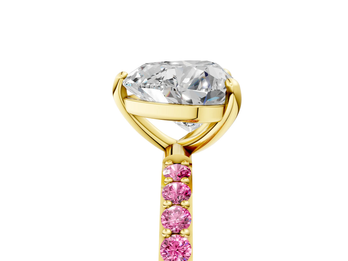 Yellow gold Heart Cut Diamond Solitaire Ring with Round Pink Sapphire Pavé Band and Prong Setting_5