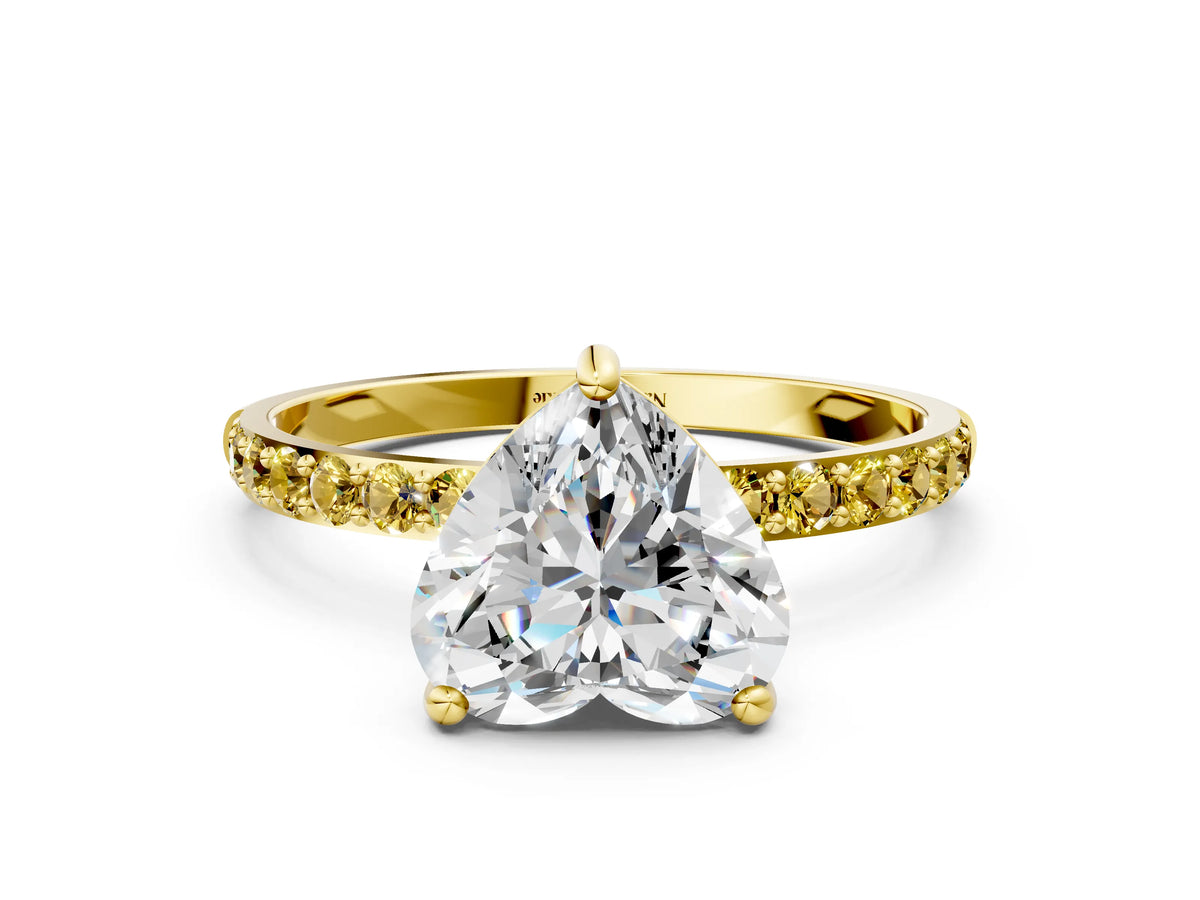 Yellow gold Heart Cut Diamond Solitaire Ring with Round Yellow Sapphire Pavé Band and Prong Setting