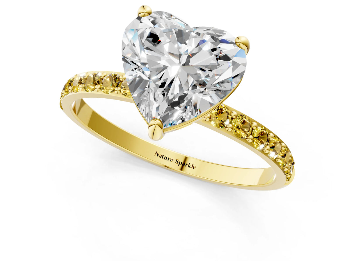 Yellow gold Heart Cut Diamond Solitaire Ring with Round Yellow Sapphire Pavé Band and Prong Setting_1