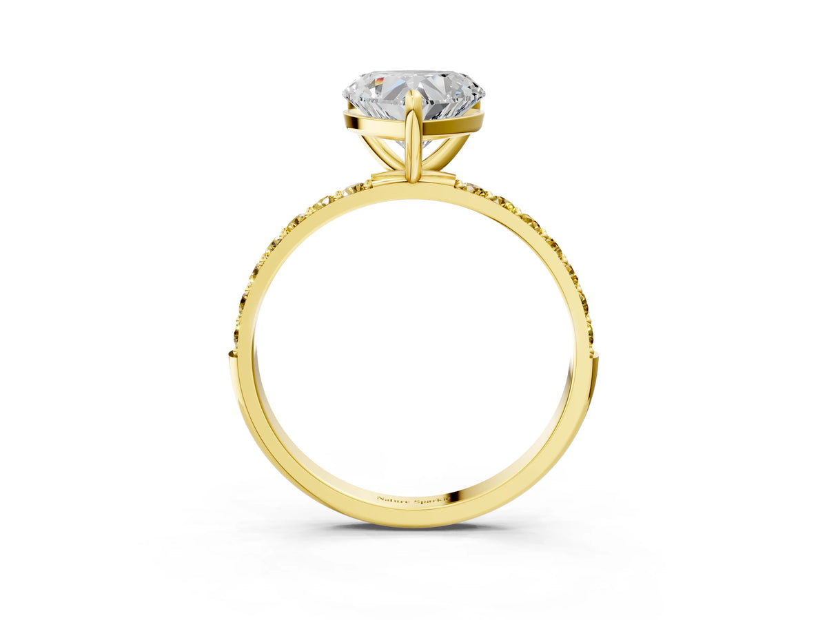 Yellow gold Heart Cut Diamond Solitaire Ring with Round Yellow Sapphire Pavé Band and Prong Setting_3