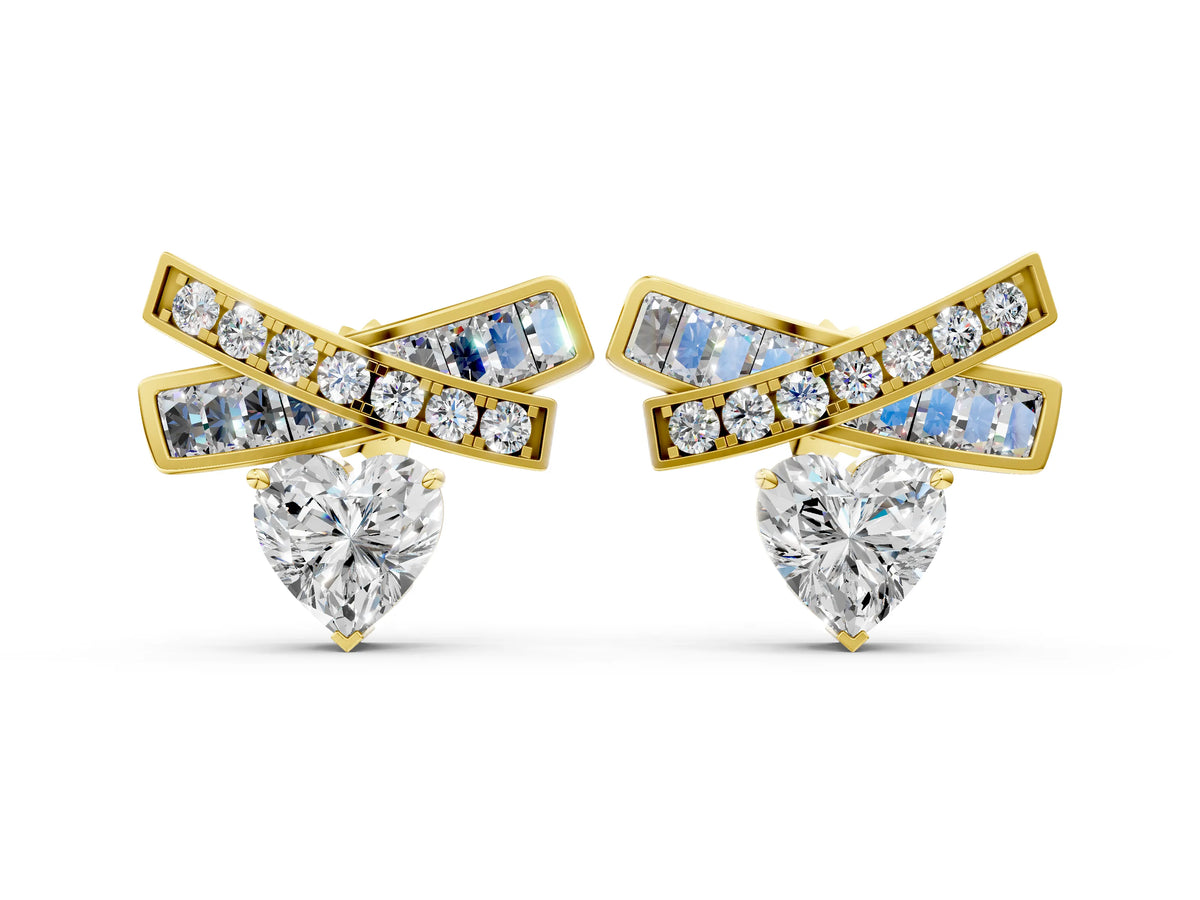 Yellow gold Heart Diamond X Stud Earrings with Baguette and Round Accents