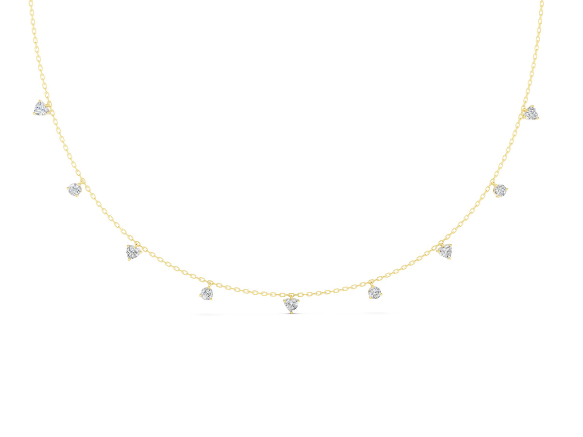 Yellow gold Heart and Round Diamond Station Necklace