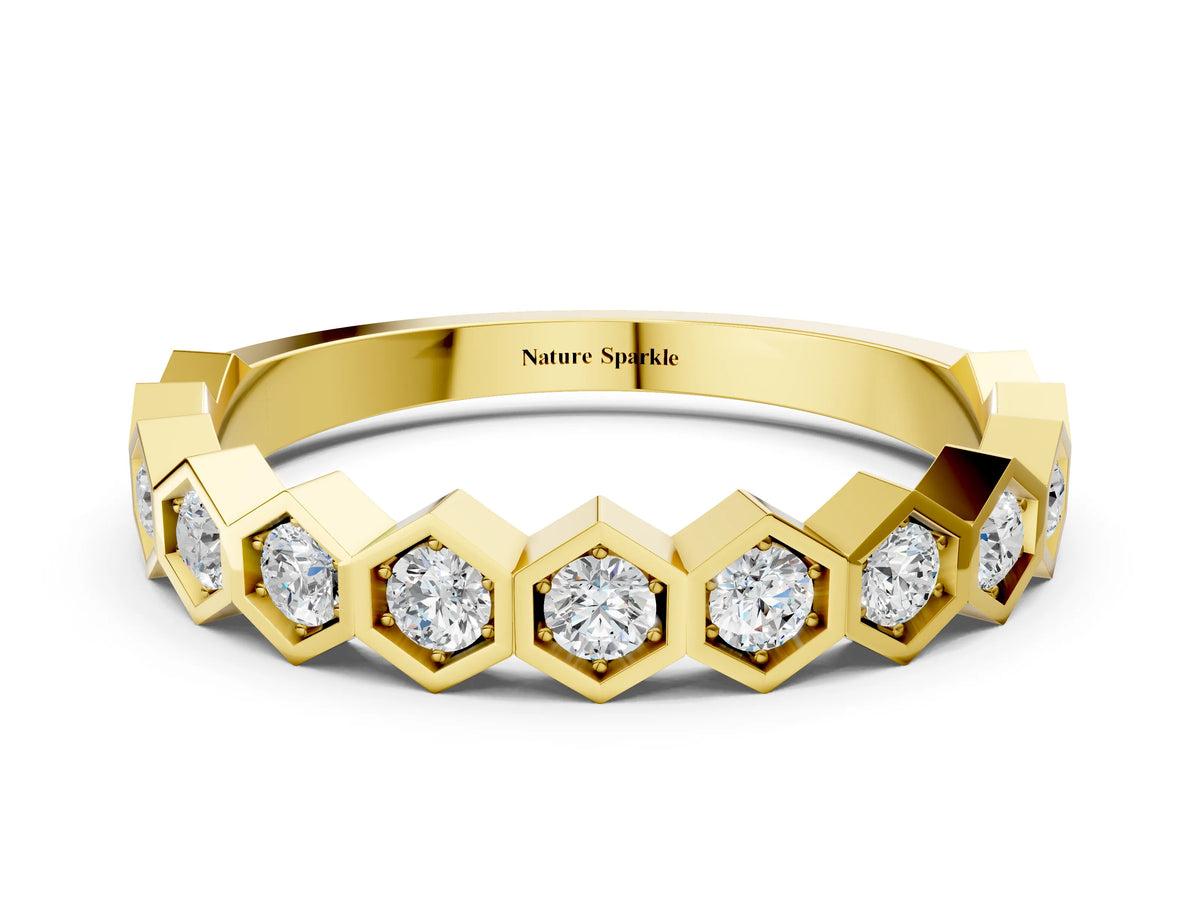 Yellow gold Hexagon Pave Diamond Eternity Band with Bezel Setting