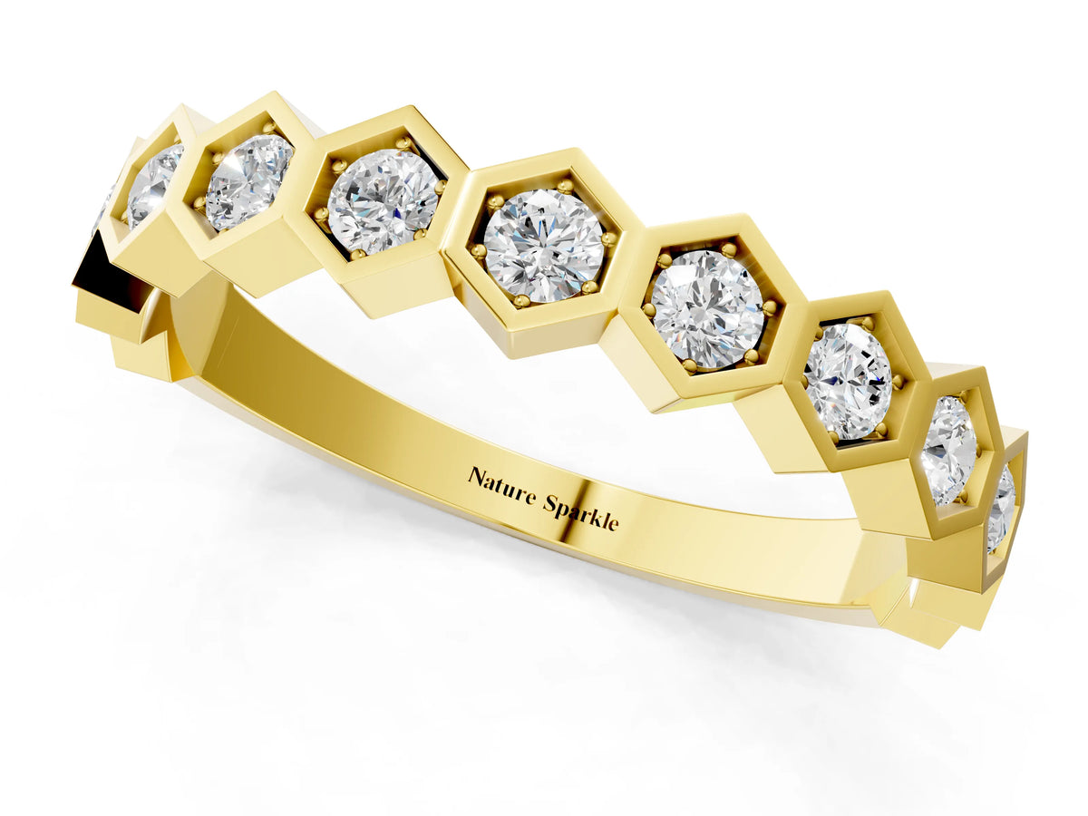Yellow gold Hexagon Pave Diamond Eternity Band with Bezel Setting_1