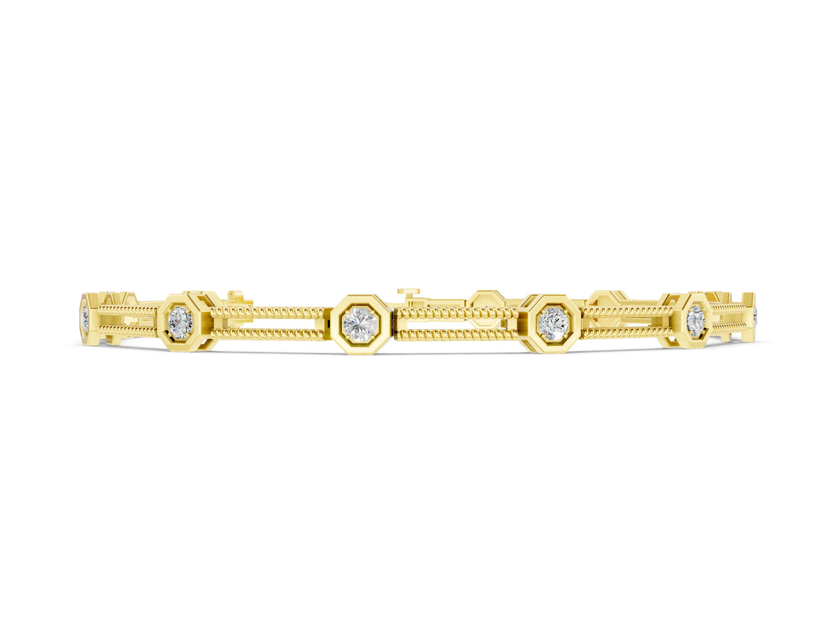 Yellow gold Hexagonal Diamond Tennis Bracelet with Bezel Setting and Rope Band