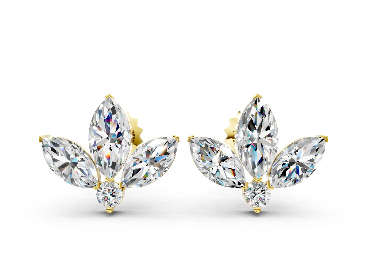 Yellow gold Marquise Cluster Stud Earrings with Round Prong Setting