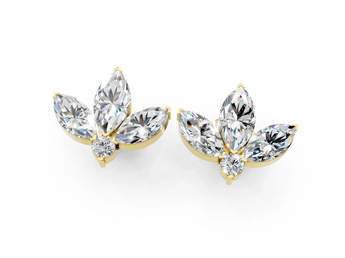 Yellow gold Marquise Cluster Stud Earrings with Round Prong Setting_1