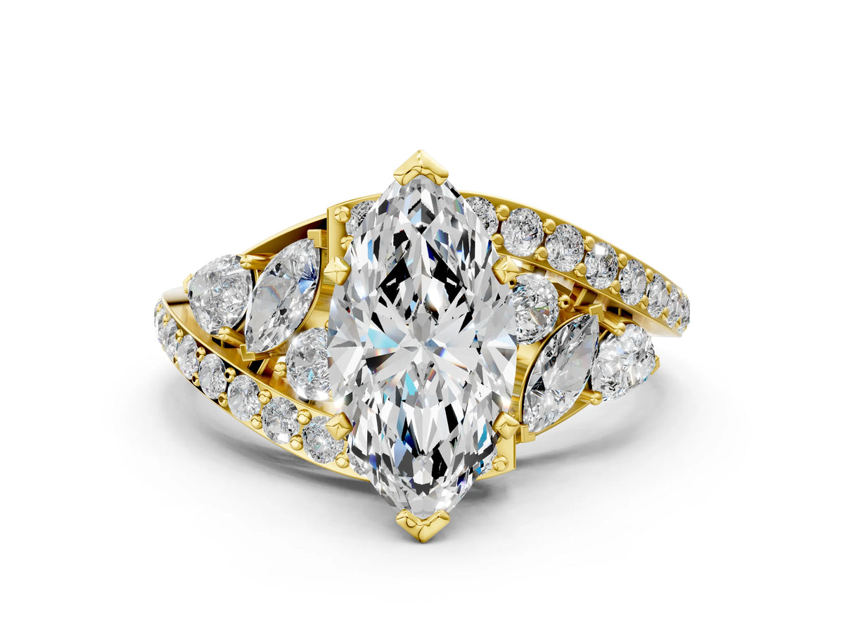 Yellow gold Marquise Cut Diamond Halo Ring with Marquise and Pavé Band in Prong Setting