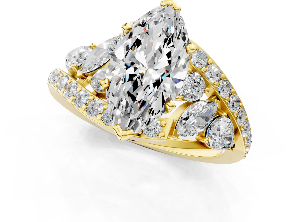 Yellow gold Marquise Cut Diamond Halo Ring with Marquise and Pavé Band in Prong Setting_1