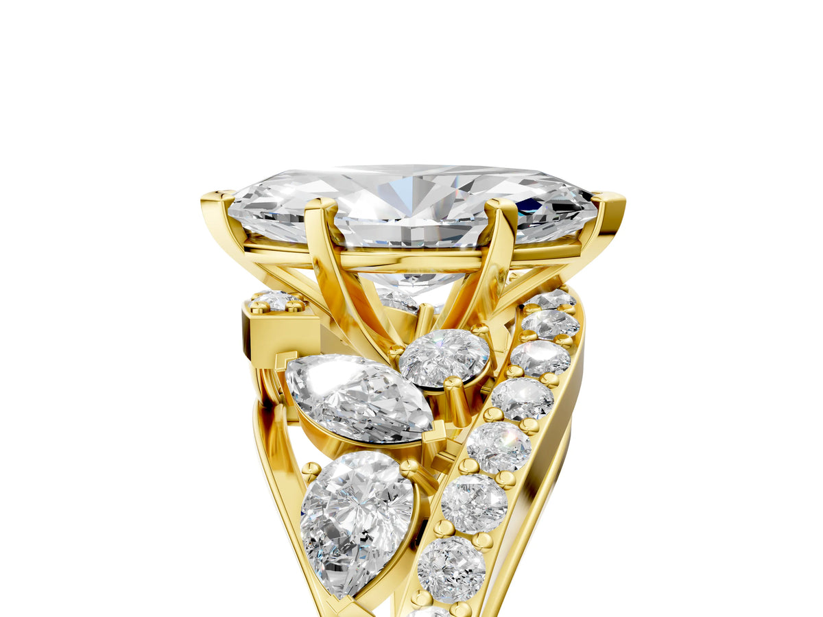 Yellow gold Marquise Cut Diamond Halo Ring with Marquise and Pavé Band in Prong Setting_5