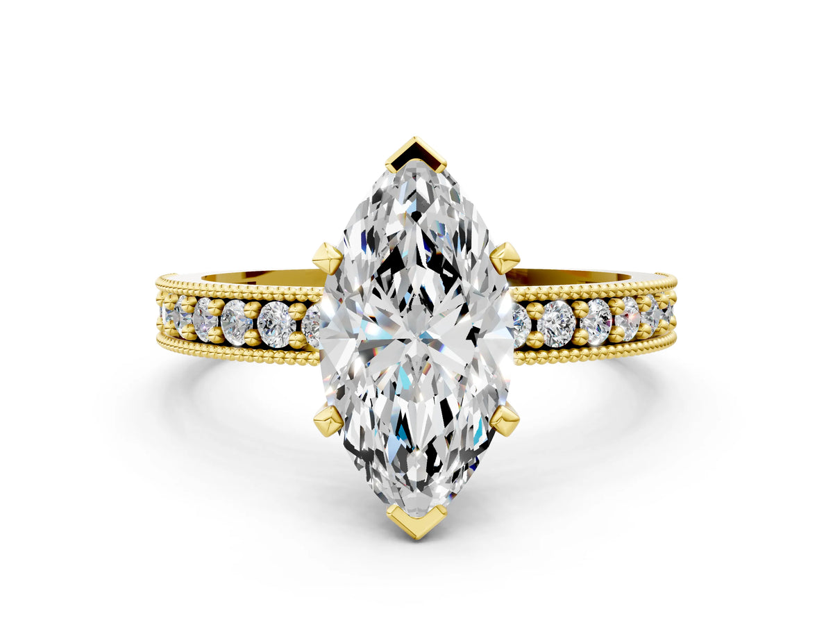Yellow gold Marquise Cut Diamond Milgrain Pavé Engagement Ring with Four-Prong Setting